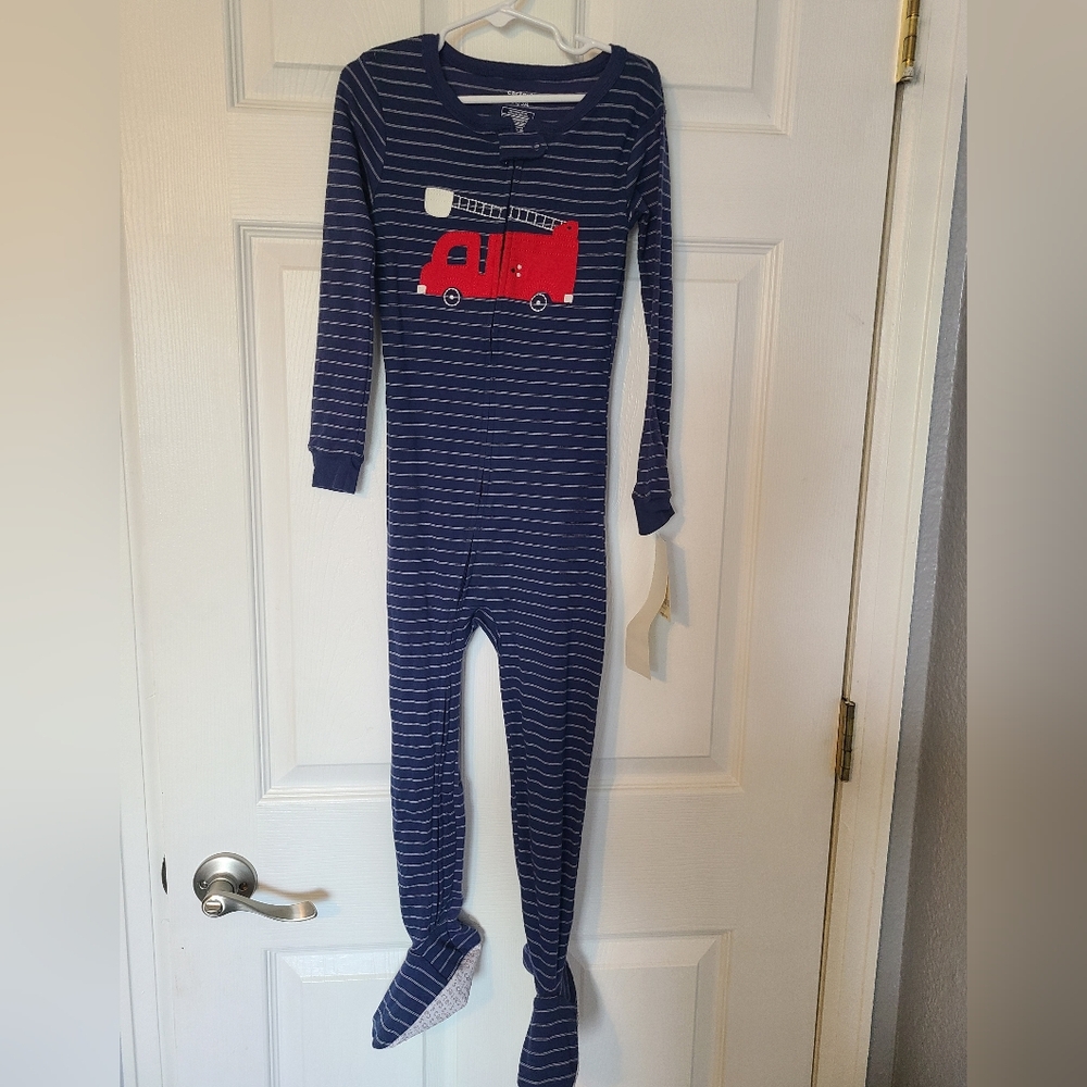 Navy Striped Kids One Piece with Red Fire Truck